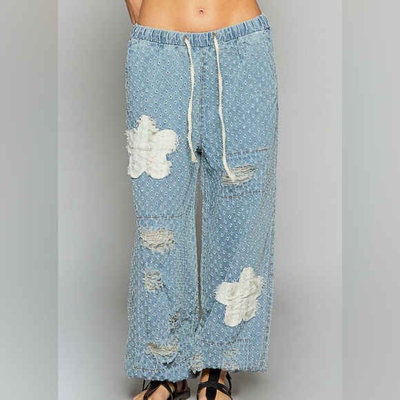 POL Denim - POL Light Blue Distressed Patchwork Wide-Leg Jeans